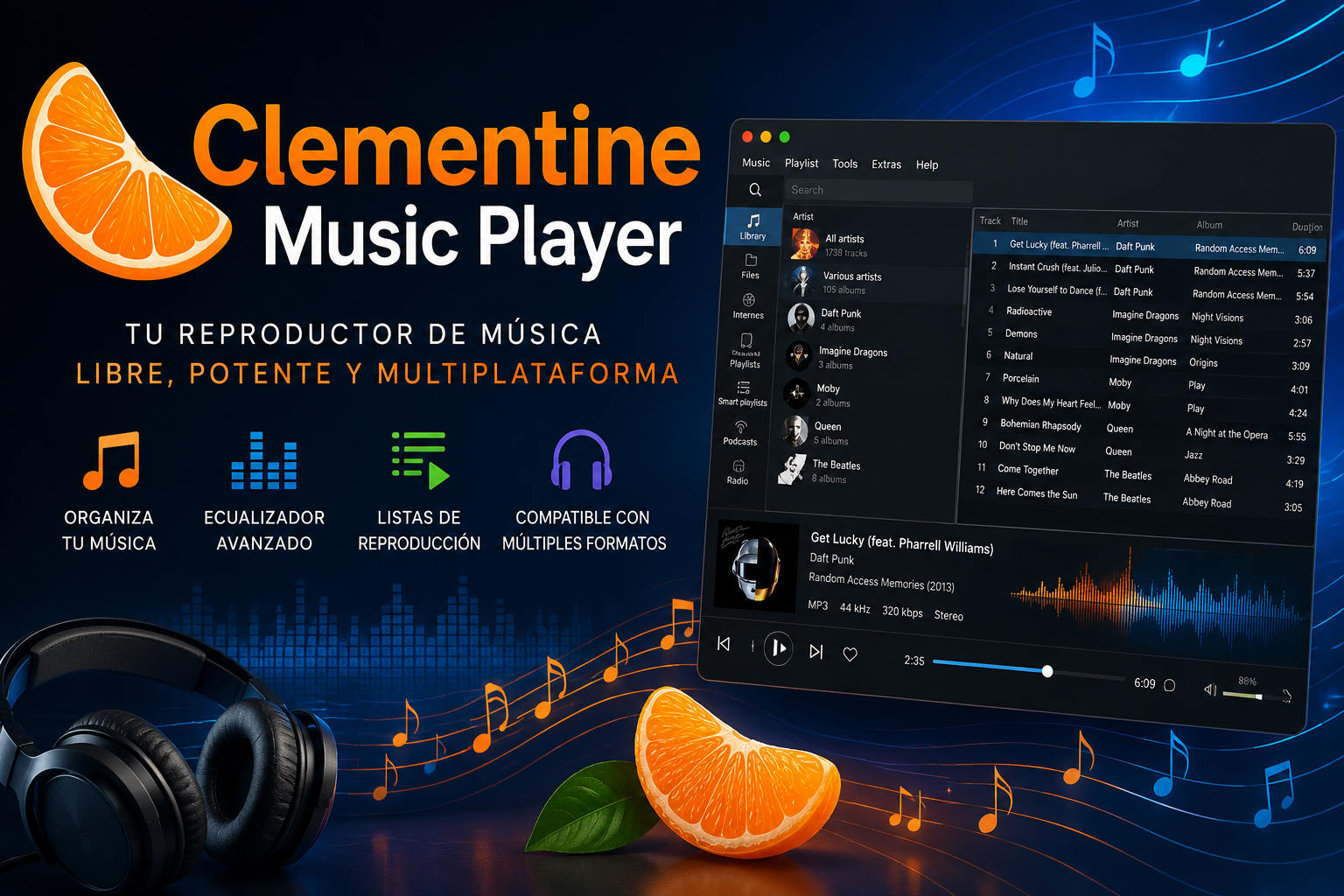 Clementine es un reproductor de música moderno y un organizador para tu colección de música.
